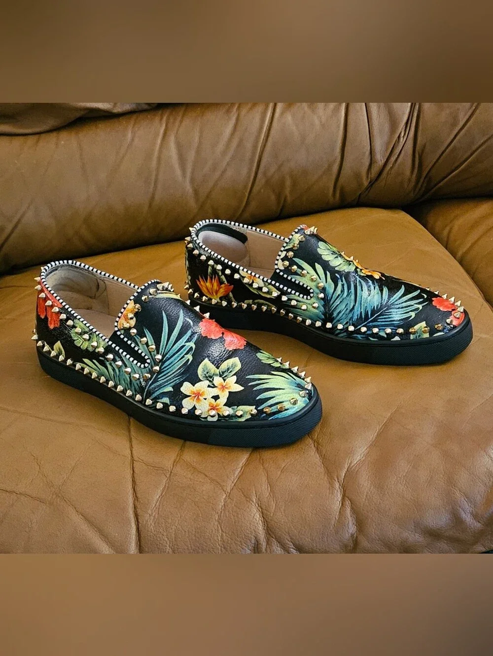 Men's Christian Louboutin Floral Spike-Studded Slip-On Loafers Size 11 US
